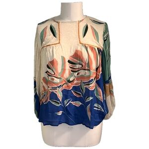 Anthropologie Cream and Blue Flowy Blouse